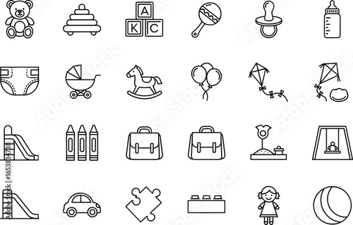 Baby and kids icons set featuring toys, pacifier, feeding bottle, stroller, rocking horse, balloons, kites, crayons, school bag, playground, puzzle, blocks, doll