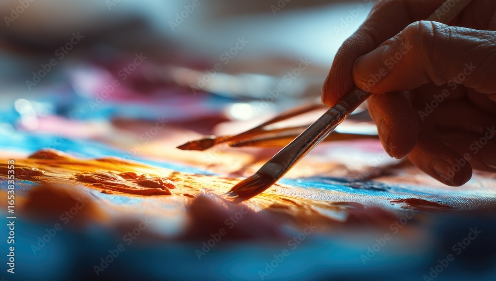 Fototapeta premium Close-up artist's hand painting with vibrant colors