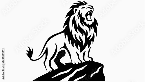 A black and white illustration of a roaring lion standing on a rock with a majestic mane design silhouette