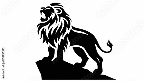 Silhouette of a roaring lion standing on a rock with a majestic mane in a black and white illustration