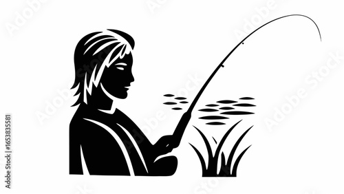 Silhouette of a man fishing with a rod in a lake with reeds and fish in the water on a white background