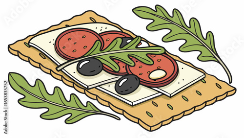 Cracker appetizer with cheese salami olives and arugula for gourmet snack and healthy eating idea