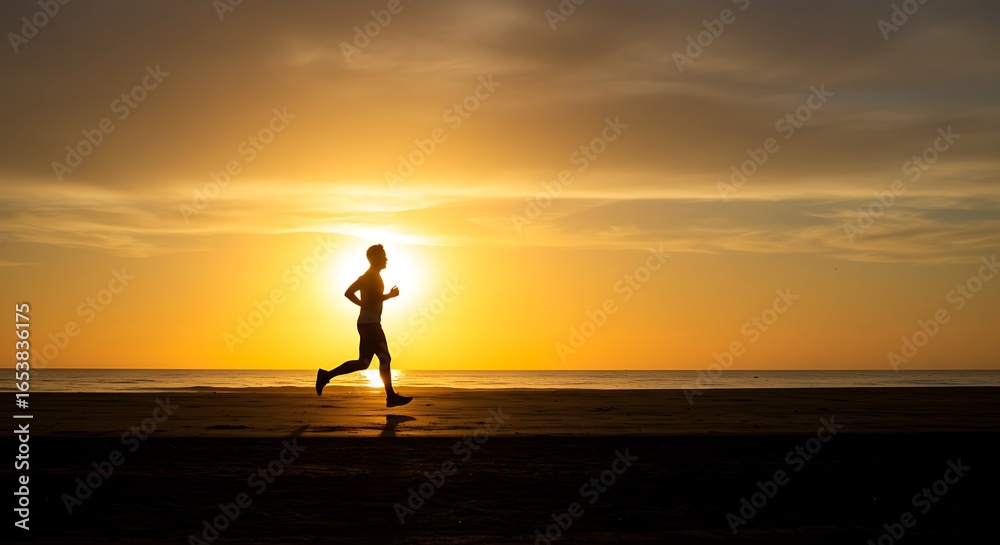 Fototapeta premium Silhouette of a Person Running on Beach During Sunset with Warm Colors and Dramatic Sky