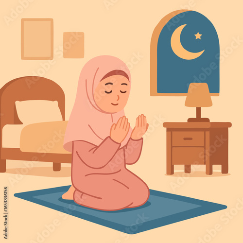 Muslim woman praying on prayer mat in her bedroom at night, flat design islamic illustration.
