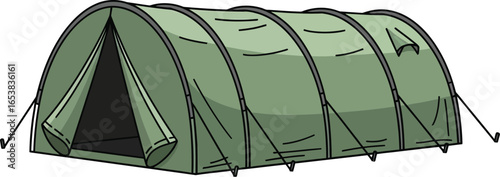 green tunnel tent open entrance support poles ropes reinforced structure outdoor camping