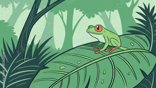 Red eyed tree frog illustration sitting on leaf in jungle rainforest nature wildlife amphibian drawing vector