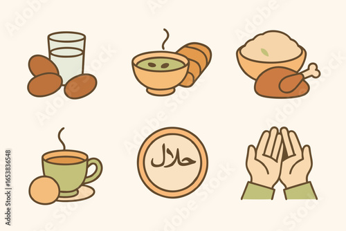 Flat design set of halal food and drink icons including rice, soup, tea, and dates.

