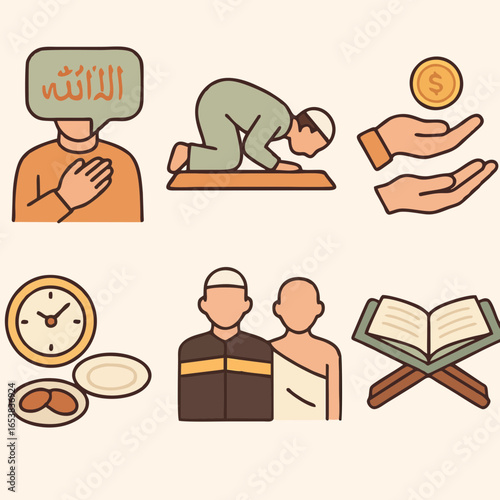 et of Islamic worship icons including prayer, hajj, Quran, fasting, and faith, flat design illustration.
