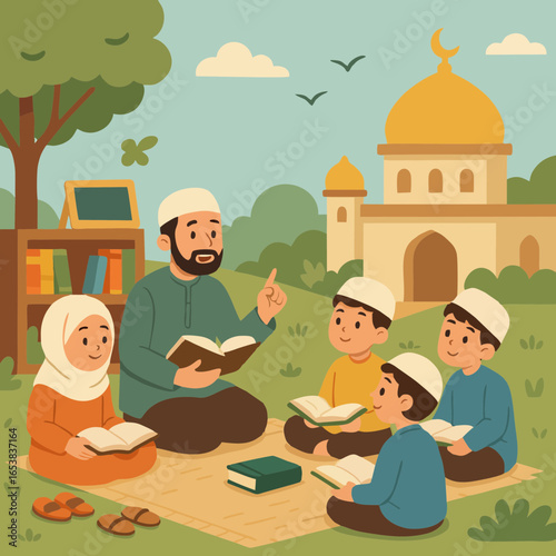 Muslim family studying Quran together outdoors near mosque, flat design islamic illustration.
