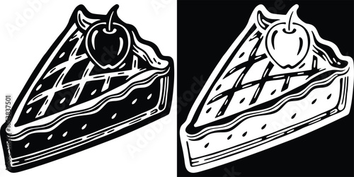 Indulge in a delicious slice of apple pie with this appetizing black and white illustration
