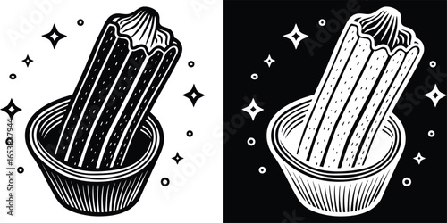 Delicious churros in a cup ready to eat snack food dessert craving black and white delicious dessert