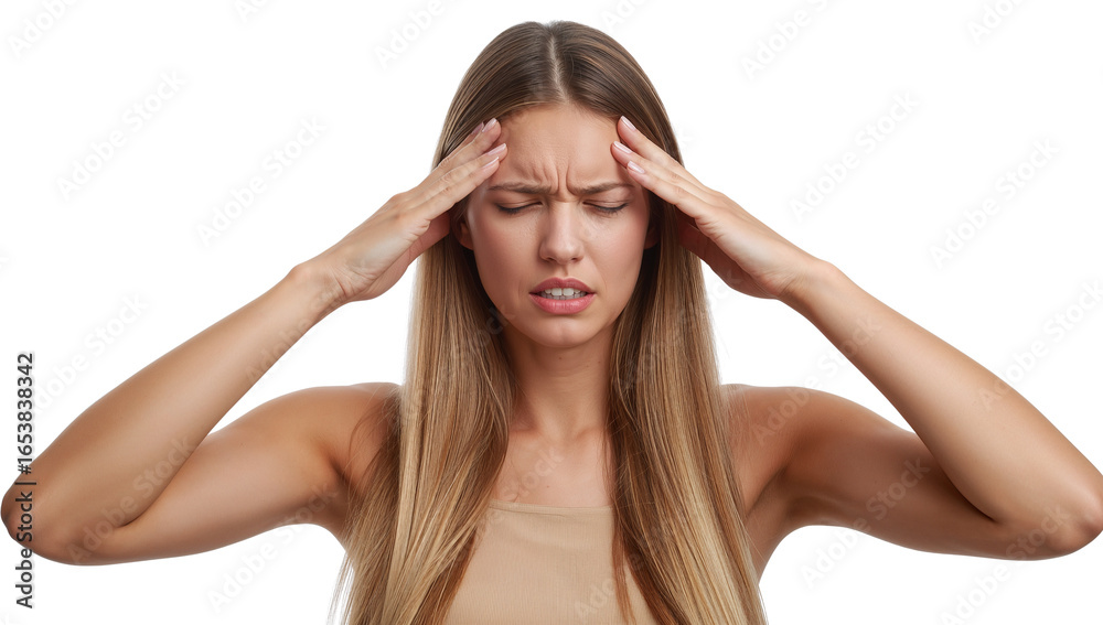 Woman demonstrating headache or migraine with hands to head on transparent backdrop Woman demonstrating headache or migraine with hands to head on transparent backdrop
