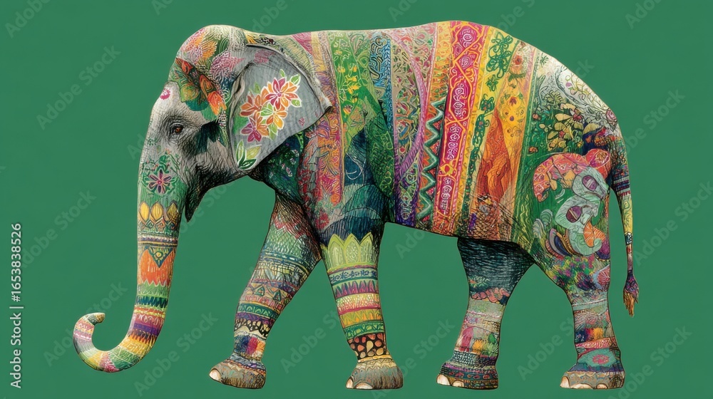 Obraz premium A beautifully painted elephant adorned with detailed patterns and vibrant colors stands against a solid green backdrop. This unique artwork highlights cultural artistry and creativity.
