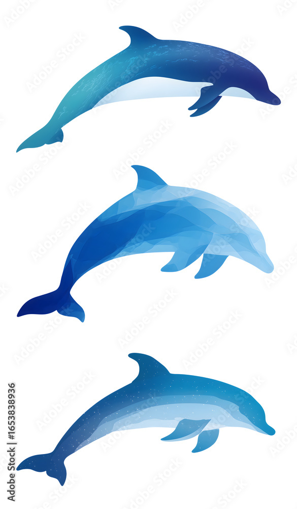 Naklejka premium Stylized dolphins in various shades of blue, showcasing marine life beauty and elegance. Perfect for ocean themed designs