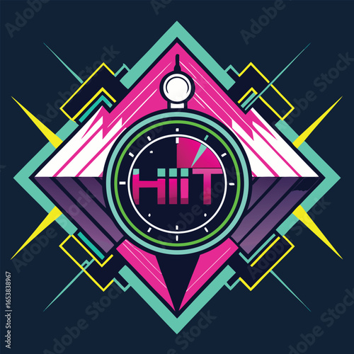 Abstract geometric composition featuring a modern fitness logo and energetic color palette on dark blue background