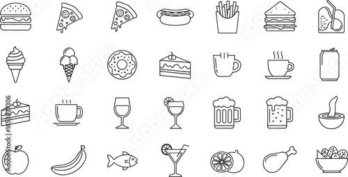 Food and drink icons set, fast food dessert beverage fruit meat coffee beer cocktail pizza burger sandwich vector outline symbols collection