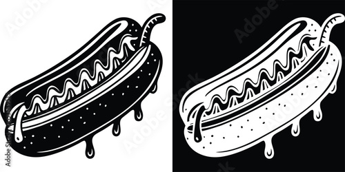 Bold hotdog illustration, black and white graphic, ideal for food truck branding or retro diner menus