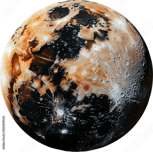 Digitally rendered abstract planet with black and orange texture