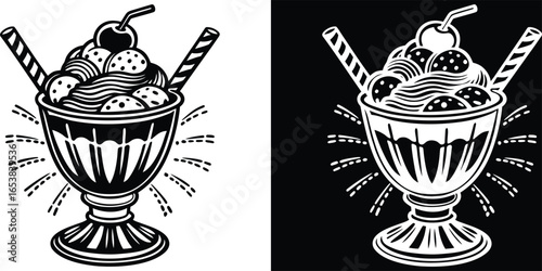 Sweet ice cream sundae with cherry and straws in inverted black and white for design elements