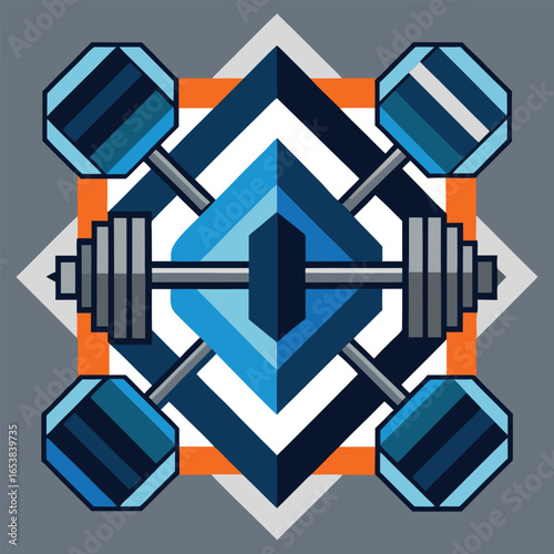 Abstract geometric illustration of a barbell and weights representing fitness and strength training.