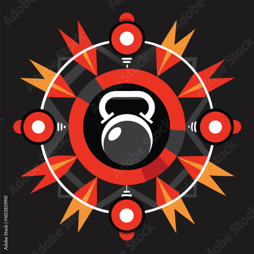 Abstract graphic design of a kettlebell centered on a dark backdrop with geometric and artistic elements.