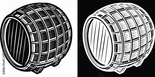 Two dynamic rustic woodcut barrels for aging wine, whiskey, bourbon, or beer on white and black backgrounds