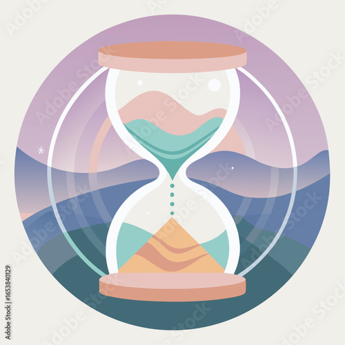 Abstract illustration featuring an hourglass symbolizing the passage of time and earthly elements