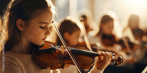 School Orchestra Student Playing Violin with Youth Ensemble in Background perfect for music education campaigns, performance flyers, arts program brochures and talent development initiatives