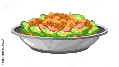 Delicious avocado salad recipe with tomato and meat served in a bowl for healthy eating diet plan
