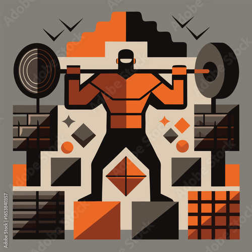 Abstract illustration of weightlifter performing squats depicting strength and geometric design