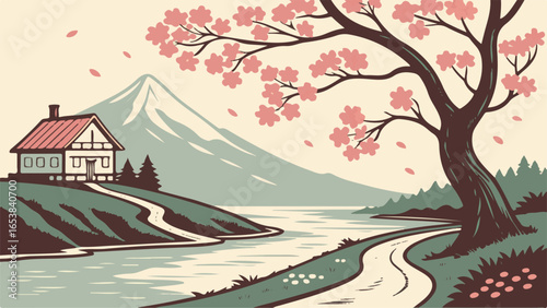 A serene illustration depicts Mount Fuji with cherry blossoms in bloom over a flowing river.
