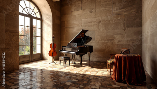 A majestic music room with a grand piano, cello, and violin, bathed in sunlight from an arched window