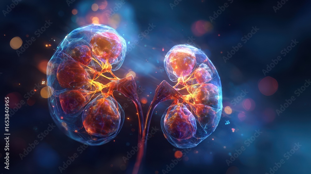 Obraz premium A vibrant digital illustration of translucent kidneys glowing with warm amber light inside