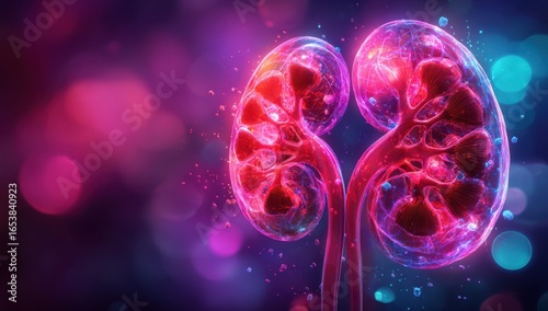 A vibrant and detailed 3D kidney glowing in intense red and magenta hues with transparent surfaces showing complex anatomy inside