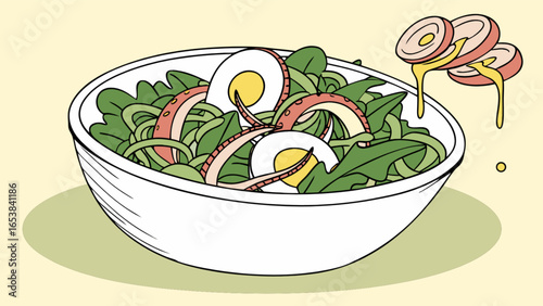 Delicious octopus salad recipe with eggs and onion rings and dressing for healthy eating and lunch ideas