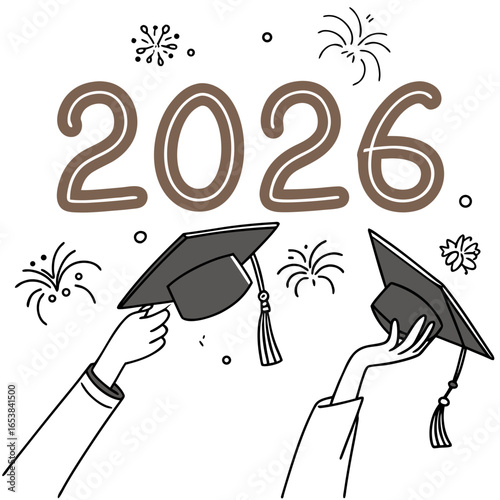 Hands tossing graduation caps with year twenty six