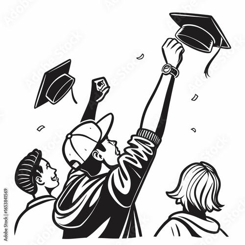 Graduation caps tossed by happy students tossing celebration