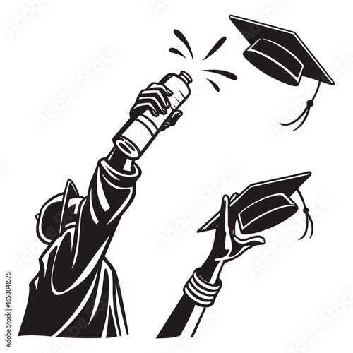 Graduation caps tossed up by hands throwing academic