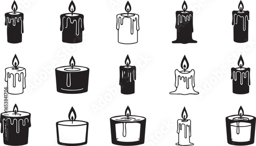 Fifteen black and white silhouette icons of lit candles with dripping wax on a white background burning candle