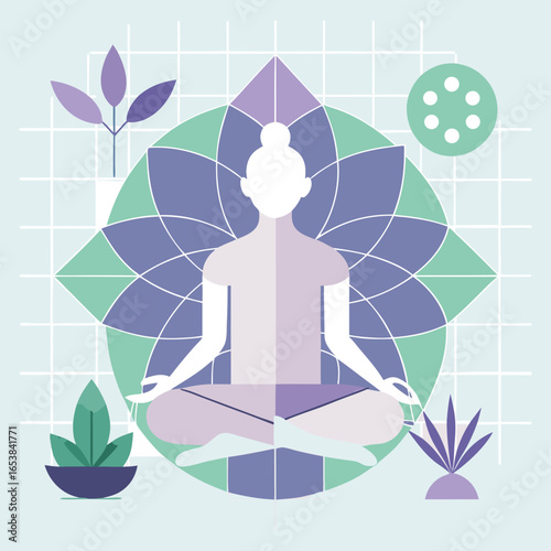 Meditative yoga pose with geometric botanical elements on a grid background design