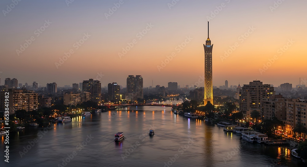 Fototapeta premium A breathtaking view of the Cairo skyline and the iconic tower reflecting beautifully on the Nile River at sunset.