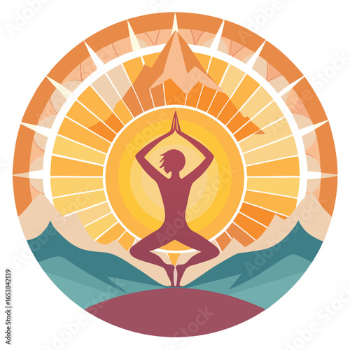 Yoga meditation silhouette embracing inner peace with sunshine and mountainous nature background