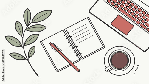 Workspace flatlay illustration with laptop notebook pen coffee and plant for productivity and design ideas