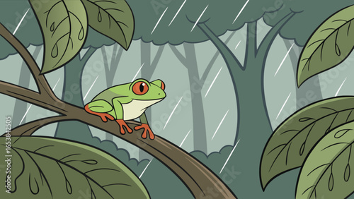 Red eyed tree frog cartoon vector illustration in the rain forest jungle wildlife amphibian drawing art