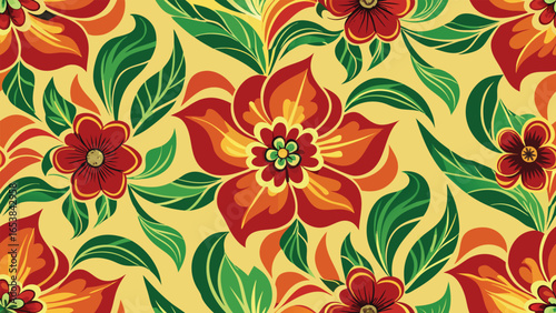 Vibrant and intricate batik fabric pattern with repeating stylized motifs in rich colors