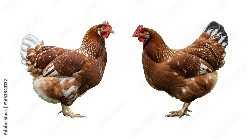 Fototapeta premium Two brown chickens with white speckles standing facing each other on a black background outdoors