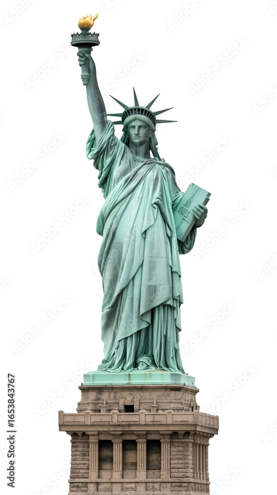 Fototapeta premium The statue of liberty standing tall against a black background, holding a torch aloft in her right hand