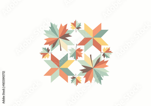 Geometric autumnal pattern with stylized maple leaves and star quilt blocks in a symmetrical, flat design.