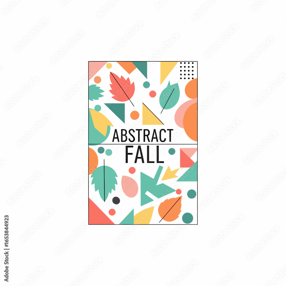 Fototapeta premium Colorful abstract autumn pattern with geometric shapes, leaves, and modern typography.