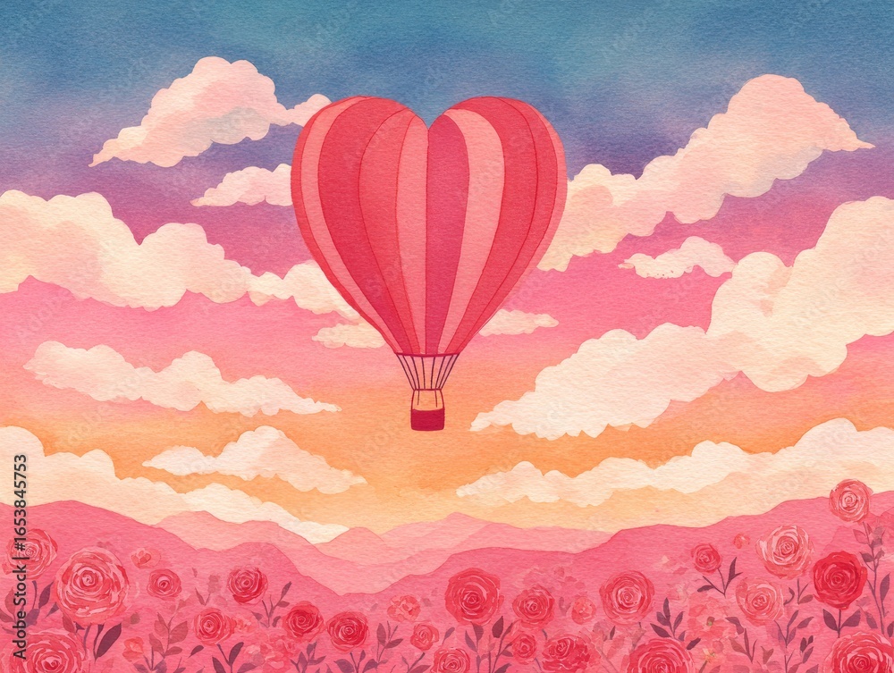 Fototapeta premium Valentine's day celebration dreamy romantic hot air balloon over colorful landscape abstract love concept in february's blissful environment